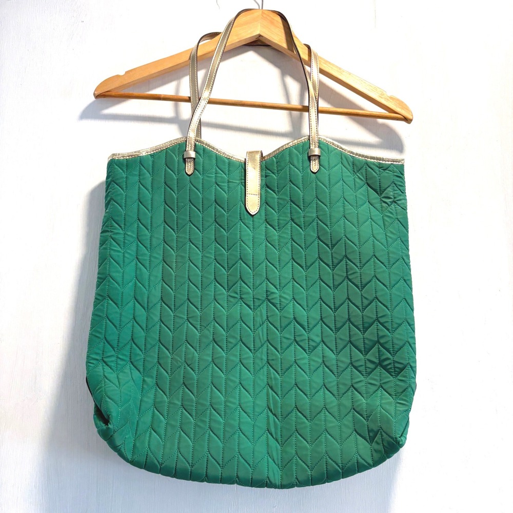 Lauren‎ Ralph Lauren Green Quilted Nylon Tote Bag Gold Trim Chevron Shopper